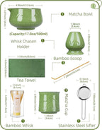 ZENS Matcha Whisk Set, 17oz Ceramic Matcha Set Includes Matcha Bowl and Matcha Cup, Bamboo Whisk & Chasen Holder, Sifter, Scoop & Tea Towel, 7pcs Matcha Kit for Matcha Latte, Emerald Green
