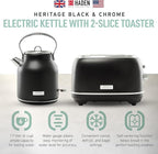 Haden Heritage 2 Slice Wide Slot Stainless Steel Toaster Bundled with 1.7 Liter Stainless Steel Electric Water Kettle, Black & Chrome
