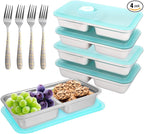 4 PCS Stainless Steel Snack Containers with Lids, Reusable Double Compartment Grab and Go Bento Lunch Box for Adult (4 Snack Containers+4 Forks)