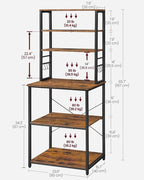 VASAGLE Coffee Bar, Baker’s Rack for Kitchen with Storage, 6-Tier Kitchen Shelves with 6 Hooks, Microwave Stand, Industrial, 15.7 x 23.6 x 65.7 Inches, Rustic Brown and Black UKKS024B01