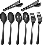 LIANYU 9-Piece Large Black Serving Utensils Set, 9.8 Inch Stainless Steel Buffet Serving Spoons Forks and Tongs Set, Ideal for Party Catering, Mirror Finished, Dishwasher Safe