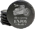 The Open Road Awaits: Motorcycle Coasters with Inspirational Quote - Round Slate - Set of 4