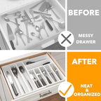 SpaceAid 2.5" High Bamboo Silverware Drawer Organizer with Labels, Kitchen Utensil Expandable Tray Holder for Flatware, Cutlery, Spoon and Knives Drawer Storage Organization (White)