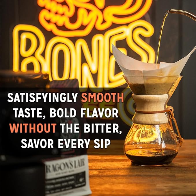 Bones Coffee Company Maple Bacon, Bacon and Maple Syrup Flavored Coffee, Medium Roast Low Acid Arabica Beans Compatible with Auto drip and French Press Coffee Maker, 12 Oz Ground