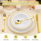 100 Pack Disposable Soup Bowls with Gold Rim, 12oz Premium Heavy Duty Plastic Dinner Bowls for Party, Wedding and Holiday
