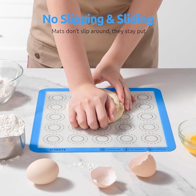 446ºF Heat Resistant Macaron Mat: U-Taste 11x11in Non Stick Silicone Baking Mat, Reusable Cookies Pastry Sheet Liner with Edge Enhancement & Circle Measurement for Square Cake Pan (2 PCS, Light Blue)