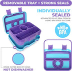 kinsho Bento Lunch Box for Kids Toddlers, 4 Portion Sections Secure Lid, Microwave Safe BPA Free Removable Tray, Pre-School Kid Daycare Lunches Snack Container Ages 3 to 5 Blue Purple