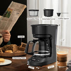 Small 5-Cup Coffee Maker with 24h Programmable Timer, Drip Coffee Machine with Food-grade BPA-free Glass Carafe, 2h Keep Warm with Auto Shut-off, Delay Brew, 25oz Water Tank, Compact for Home/RV