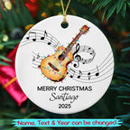 Custom Text Year Name Guitar Player Ceramic Christmas Ornament, Unique Guitar Instrument Ornament Gift for Guitarist Grandparent Dad Mom Brother Sister, Personalized Guitar Musical Ceramic Ornaments