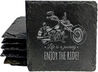 Coast in Style: Rustic Slate Coasters with Motorcycle Design - Square Slate - Set of 4