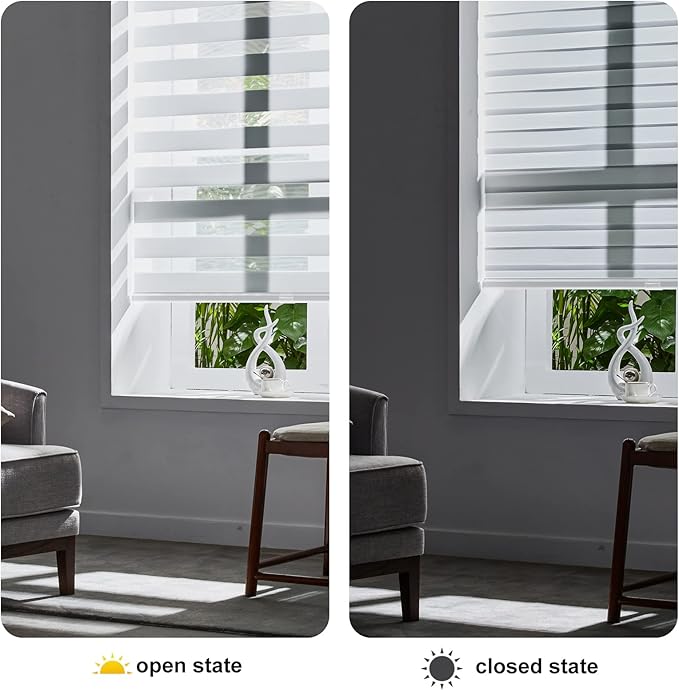 Persilux Cordless Zebra Blinds for Indoor Windows, Free-Stop Zebra Blinds Cordless, Light Filtering Sheer Shades Dual Layer for Day and Night, Zebra Roller Shades for Home (34.25" W X 64" H, White)