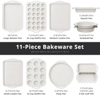 11-Piece Kitchen Nonstick Stackable Bakeware Set, Non Toxic Bakeware Sets with Silicone Handles, Includes Cookie Sheets, Cake Pan, Loaf Pan, Pizza Pan, Muffin Pan, White