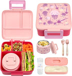 Bento Lunch Box for Kids with 8oz Soup Thermo,Leak-Proof Lunch Containers with 5 Compartment,Thermo Food Jar Food Containers for School (Pink-Jellyfish)