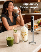 Maestri House Rechargeable Milk Frother with Stand, LunaFro Handheld Electric Foam Maker Waterproof Detachable Stainless Steel Whisk Drink Mixer Foamer for Lattes, Cappuccino