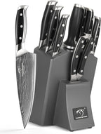 Damascus Kitchen Knife Set with Block - Razor Sharp 67-Layer VG10 Steel, Triple Rivet Handles, Chef, Santoku, Utility, Bread & Paring Knives, Sharpener, Shears, Grey, 9 Pcs