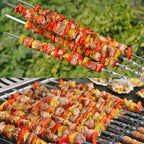 12 Pack Kabob Skewers BBQ Barbecue Skewers Stainless Steel Sticks 22 Inch Heavy Duty Large Wide Reusable with Nonslip Wooden Handle Ideal for Shish Kebab Chicken Shrimp and Vegetables