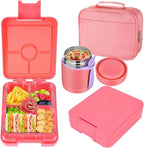 Bento Lunch Box Set for Kids with 10oz Soup Thermo, Leak-Proof Lunch Containers with 4 Compartment, Kids Thermo Hot Food Jar and Insulated Lunch Bag for Kid to School,BPA-Free(Pink)