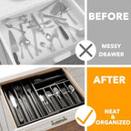 SpaceAid 2.5" High Bamboo Silverware Drawer Organizer with Labels, Kitchen Utensil Expandable Tray Holder for Flatware, Cutlery, Spoon and Knives Drawer Storage Organization (Black)