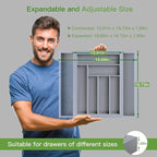 Pipishell Bamboo Expandable Drawer Organizer for Utensils Holder, Adjustable Cutlery Tray, Wood Drawer Dividers Organizer for Silverware, Flatware, Knives in Kitchen, Bedroom, Living Room(Grey)