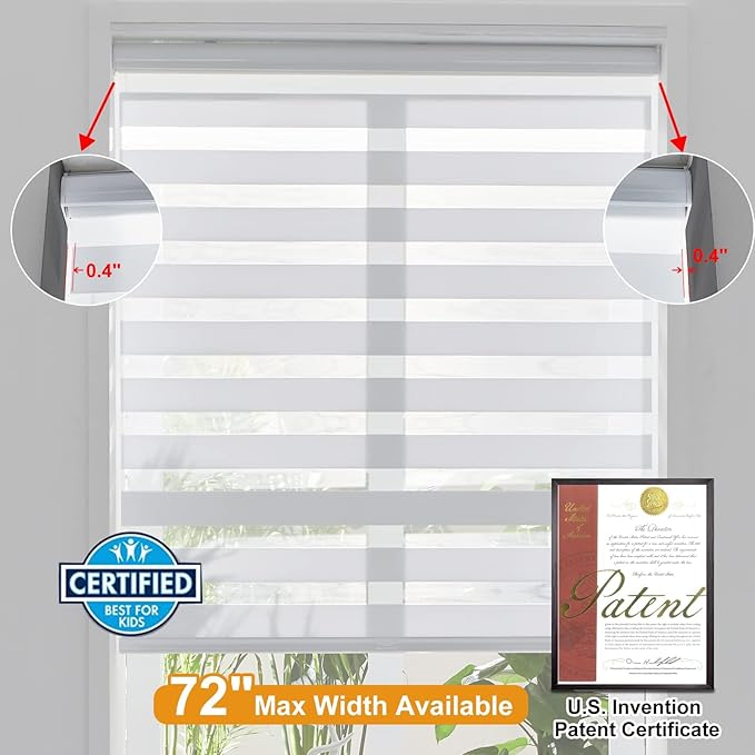 Persilux Cordless Zebra Blinds for Windows Shades (59" W x 72" H, White) Dual Layer Fabric for Day and Night Thermal Roller Shades, Free-Stop Room Darkening Sheer Shades for Home, Office and Bedroom