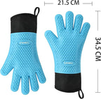 Kitchen Oven Gloves - Dual-Layer Heat Resistant Grilling Gloves, Silicone Oven Mitts with 5 Fingers, Waterproof Non-Slip Pot Holder for Barbecue, Cooking, Baking (Blue, Long)