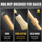 Walfos Basting Brush Silicone and BBQ Mop, Grill Basting Mop with 3 Heads and 2Pcs Pastry Brushes, Wooden Long Handle, Heat Resistant for Grilling, Smoking Steak, Kitchen Cooking (18"）