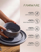 Famiware Annecy Plates and Bowls Sets, Service for 4 (16 Pieces), Dinnerware Sets with Pasta Bowls, Microwave and Dishwasher Safe Dishes Set, Chip and Scratch Resistant, Misty-Blue