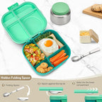 Bento Lunch Box with 12oz Soup Thermo,4 Compartments Lunch Box Containers, Spoon&Sauce Jar, BPA Free&Leak proof,Insulated Food Jar for Travel (Green)