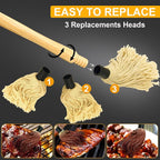Walfos Basting Brush Silicone and BBQ Mop, Grill Basting Mop with 3 Heads and 2Pcs Pastry Brushes, Wooden Long Handle, Heat Resistant for Grilling, Smoking Steak, Kitchen Cooking (18"）