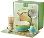 Matcha Whisk Set 7 Pcs, Matcha Kit with Bowl, Whisk and Holder, Bamboo Scoop, Scoop Rest, Sifter & Tea Towel, matcha Tea set Gifts for Matche Lovers Making Latte Breakfast
