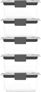 Rubbermaid Brilliance BPA-Free Food Storage Containers Multi Pack, 1.3 Cup Plastic Containers with Lids, 5 Pack, Leak Proof, Microwave & Dishwasher Safe