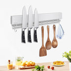 12 Inch Magnetic Knife Holder with 5 Hooks, No Drilling Wall Mount, Powerful Magnet Strip and Utensil Hanger