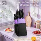 14 Pcs Kitchen Knife Block Set with Sharpener German High Carbon Stainless Steel Chef Knives, Razor-Sharp & Durable, Lightweight Anti-Slip Handle, Professional Set for Home & Kitchen (Purple)