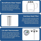 Aquach 68oz Glass Teapot with Built-in Thermometer, Stovetop & Dishwasher Safe, Borosilicate Carafe and Stainless Steel Removable Infuser