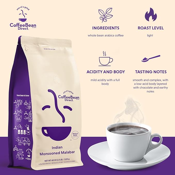 Coffee Bean Direct Indian Monsooned Malabar, Whole Bean Coffee, Light Roast, 2.5 Pound Bag (Pack of 1)