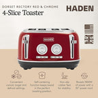 Haden Dorset 4 Slice Wide Slot Stainless Steel Toaster with Adjustable Browning Control & Non-Slip Feet, Rectory Red