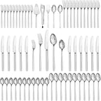 KINGSTONE Silverware Set With Serving Utensils, 65 Piece Flatware for 12, 18/10 Cutlery With 5 Piece Serving Utensil Set - Modern and Original Design, Dishwasher Safe