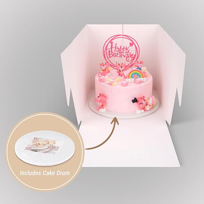 Cakebon Cake Boxes with Boards - 8 Inch Round Cake Drum Black - Box With Window for Birthdays, Weddings and Parties (1pc Each, 2pcs Total)
