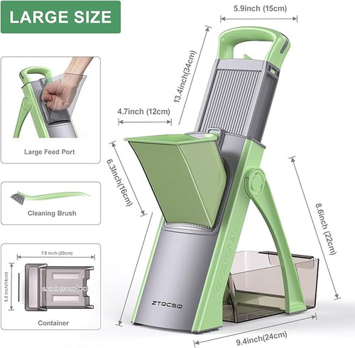 2025 [All in 1] Upgraded Version Safe Mandoline Slicer for Kitchen, Adjustable Thickness. Detachable Blade, Veggie Slicer, Rapid Prep Mandoline, with Cleaning Brush/Paring Knife (MatchaGreen)