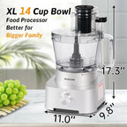 14-Cup Aluminum-Diecast Food-Processor - XL Bowl, Large Chute, 800W Motor & Silver Die-Cast Base, Slicing & Shredding, Chopping & Mixing, For Fries, Cheese, Meat & Veggie Prep, For Home Use