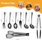 Black Stainless Steel Serving Utensils Set, Large Metal Serving Spoons, Slotted Spoons, Forks, Tongs, Soup Spoons, Skimmer Spoon, Cake Server for Partie, Buffet, Catering, Entertaining 15pcs