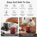 Temperature Control Smart Mug, Self Heating Coffee Mug LED Display, 180 Min Battery Life - Hot up to 149℉ Fast Wireless Charger Base Improved Design coffee serving sets (12oz, Burgundy)