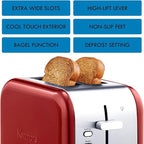 Kenmore toaster 2 slice - extra wide slot countertop kitchen appliance, defrost function, tostador de pan, compact design, easy clean crumb tray, bread bagel, 9 shade settings, stainless steel & Red