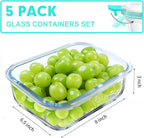 VERONES 5 Pack 36 OZ Glass Meal Prep Containers, Airtight Glass Lunch Containers Set, Glass Food Storage Containers with Lids,Exclusive of BPA, for Microwave, Oven, Freezer & Dishwasher Friendly,Green
