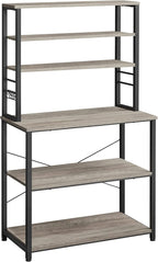 VASAGLE Coffee Bar, 31.5 Inches Baker's Rack for Kitchen with Storage, 6-Tier Kitchen Shelves with 6 Hooks, Microwave Stand, Industrial, Greige and Black UKKS019B02
