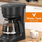 5-Cup Programmable Drip Coffee Maker, a compact coffee machine with a digital clock and 24-hour programmable timer, featuring Auto Shut-Off, and a Removable Filter Basket for Home & Office.