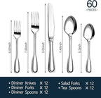 Silverware Set For 12, 60 Piece Flatware Cutlery Set With Ergonomic Wide Handles, Mirror Polished Stainless Steel Utensils Set For Kitchen, Dishwasher Safe For Home, Restaurant, Party