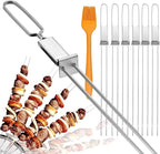 Metal Skewers for Kabobs - 17" 10 Pack Kabob Skewers with Push Bar Double Pronged Anti-Roll Flat BBQ Skewer for Grilling Stainless Steel Reusable Kebab Skewer for Meat Shrimp Chicken Veggie