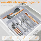 Silverware Drawer Organizer for Kitchen - Adjustable Utensil Holder Drawer Organizer, BPA Free Flatware and Cutlery Tray, Expandable Plastic Storage for Spoons Forks Knives, Grey