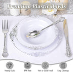 100PCS Silver Plastic Bowls - 12 oz Silver Disposable Salad Bowls - Heavy Duty Disposable Soup Bowl - Fancy Plastic Ice Cream Bowl for Weddings Parties Dinners Picnics